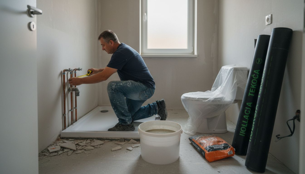 Mojster opravlja meritve za prenovo kopalnice