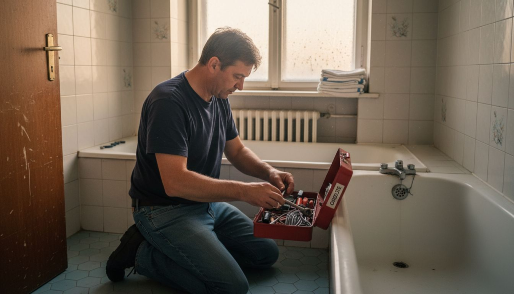 Moški se pripravlja na prenovo kopalnice in zbira potrebna orodja.