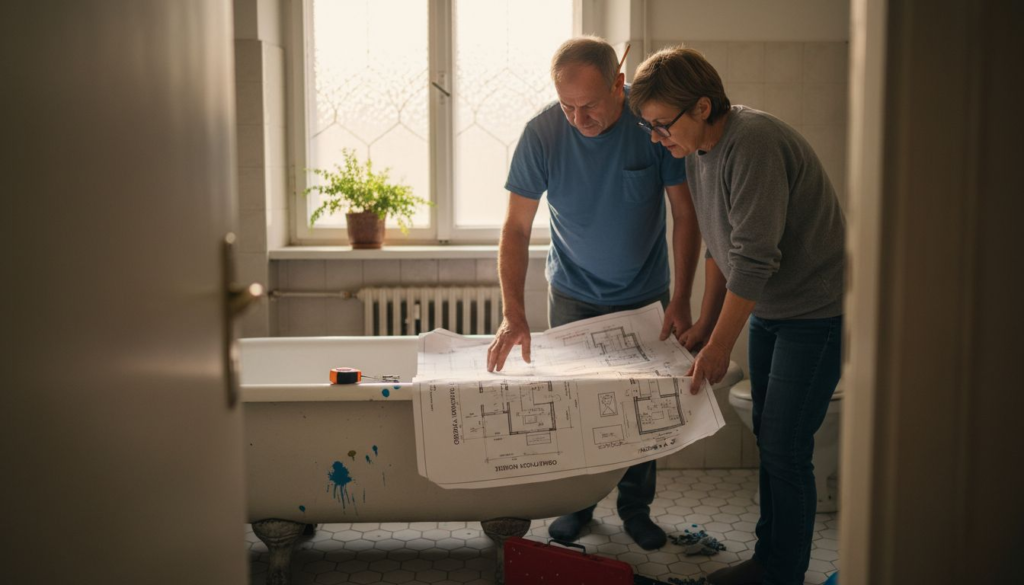 Par skupaj načrtuje prenovo kopalnice, razmišlja o novih idejah in išče rešitve, kako bi prostor naredila še bolj udoben in funkcionalen.