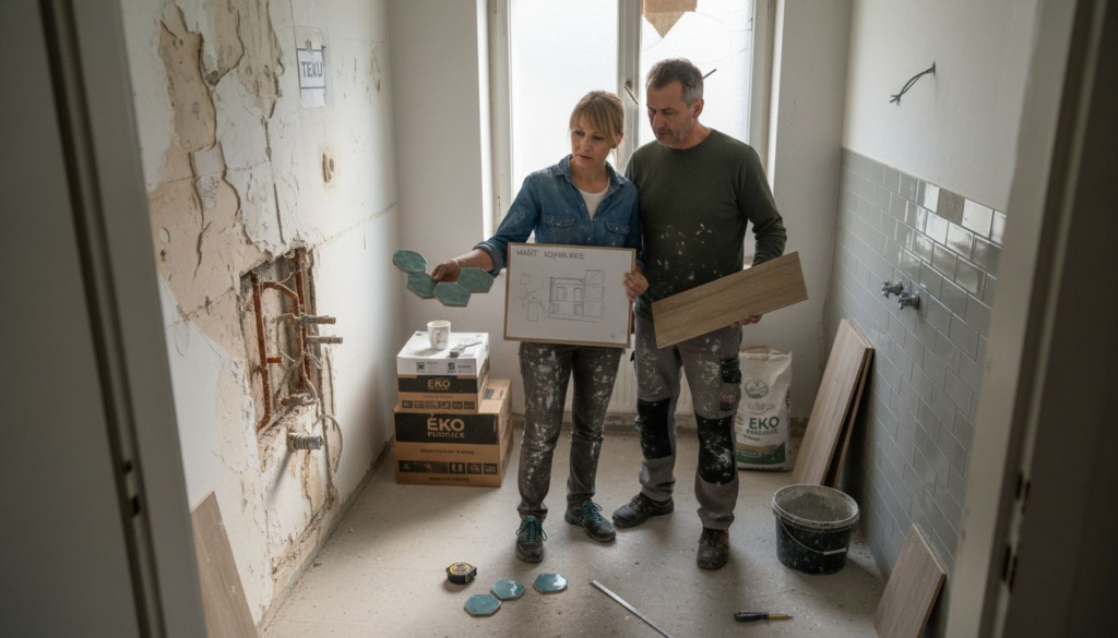 Par razpravlja o poteku prenove kopalnice na okolju prijazen način.