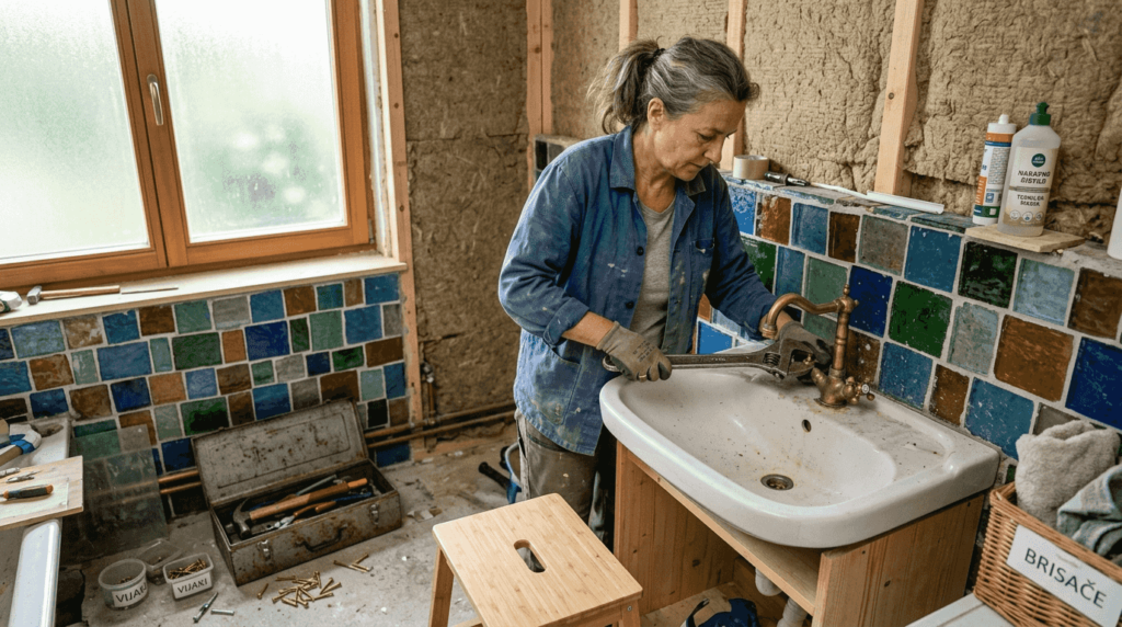 Med prenovo kopalnice se ženska odloča za zamenjavo opreme s trajnostnimi rešitvami.