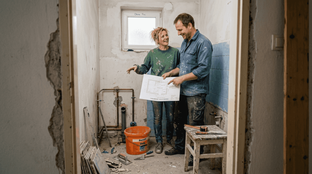 Par skupaj razmišlja o prenovi kopalnice in se pogovarja o različnih možnostih, kako bi jo lahko preuredila.