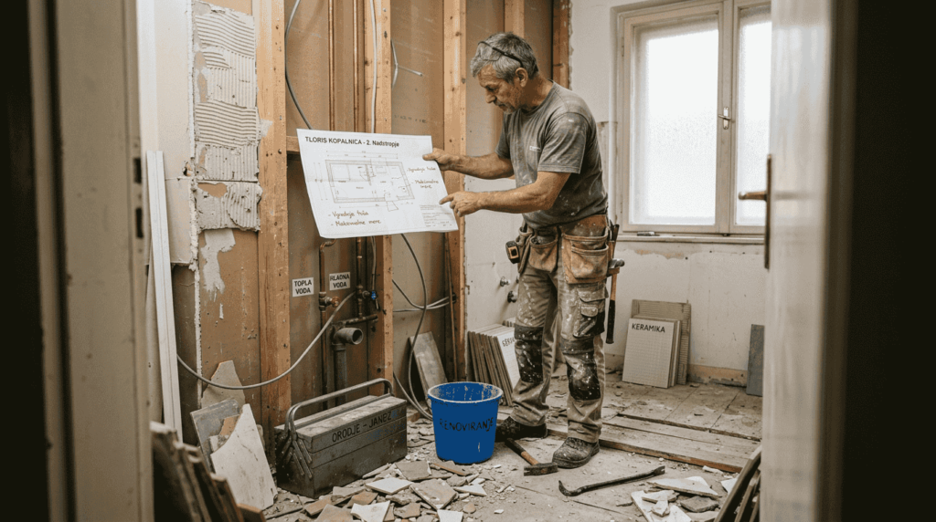 Mojster pregleduje načrte sredi razmetane kopalnice, kjer poteka prenova.