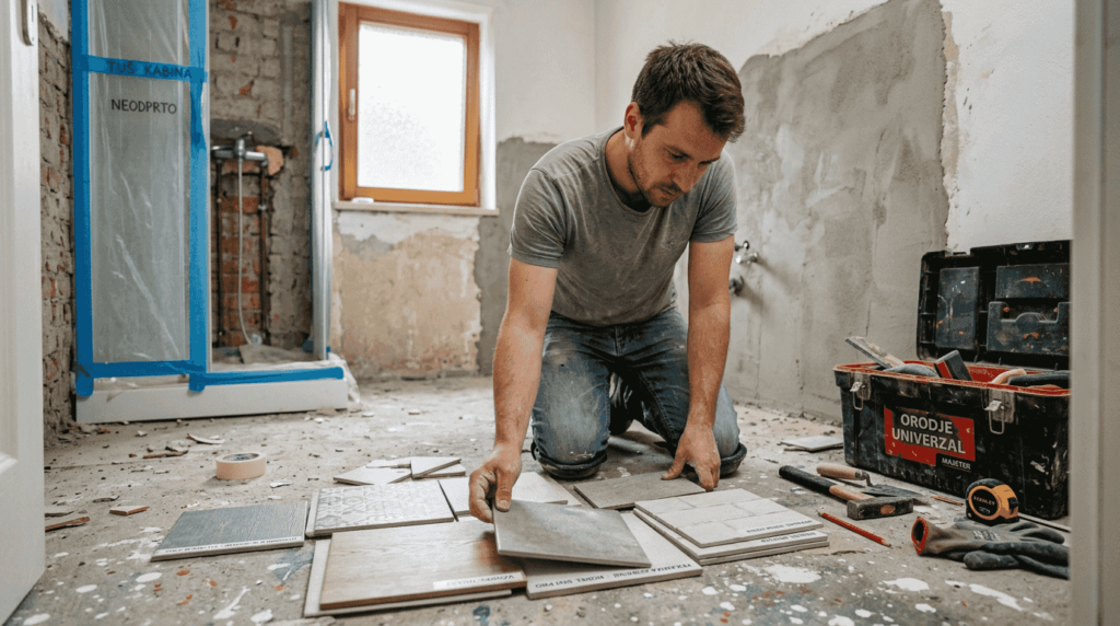 Moški si v prenovljeni kopalnici ogleduje vzorce keramičnih ploščic in razmišlja, katere bi se najbolje podale prostoru.