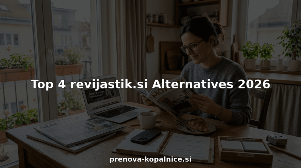 Ženska sedi za kuhinjsko mizo in prelistava revije o prenovi doma, pri tem primerja različne ideje za obnovo svojega stanovanja.