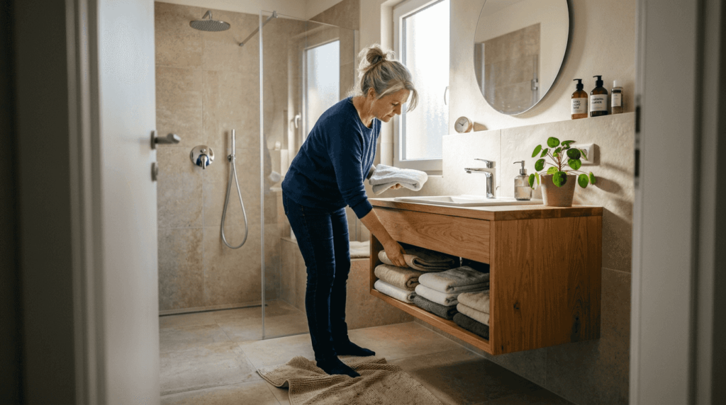 Ženska zloženo postavlja brisače v prenovljeni kopalnici.