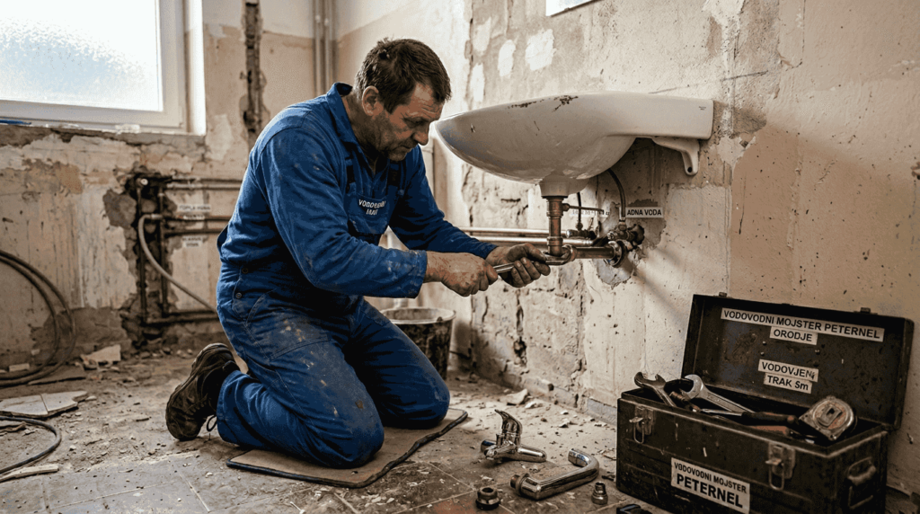 Vodovodar v prazni kopalnici nastavlja in popravlja cevi.