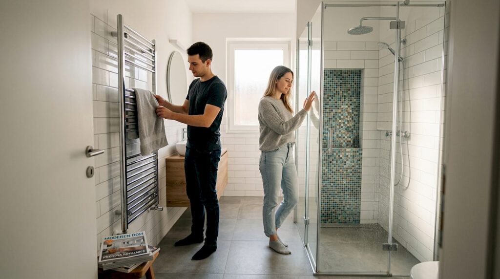 Sodobna kopalnica, kjer so za popestritev prostora uporabljene tri različne vrste ploščic.