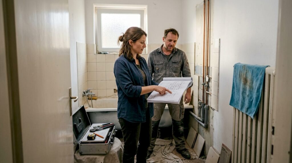 Vodja projekta skupaj z vodovodarjem pregleduje načrte za kopalnico.