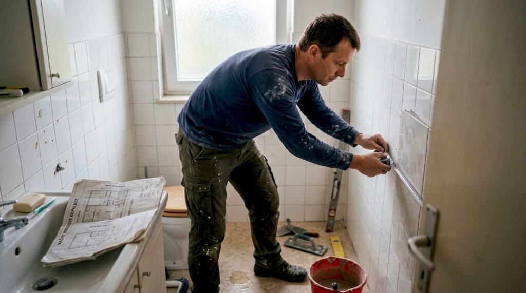 Mojster meri kopalnico pred prenovo.