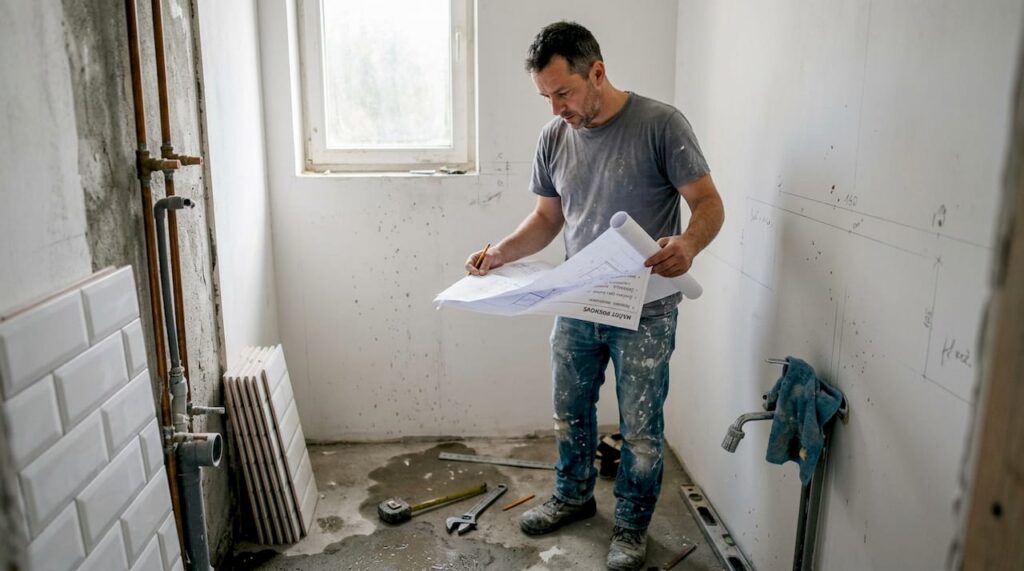 Izvajalec pregleduje načrte v kopalnici stanovanja.