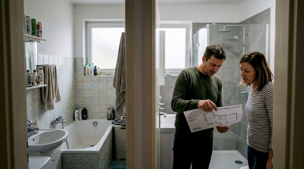 Par primerja značilnosti klasične in sodobne kopalnice ter razmišlja, katera bolj ustreza njihovemu življenjskemu slogu.