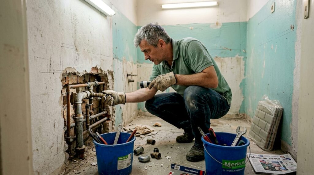 Moški si ogleduje napeljavo v kopalnici, kjer so ravno sredi prenove.