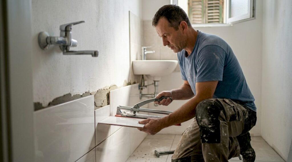 Mojster polaga keramične ploščice v prenovljeni kopalnici.