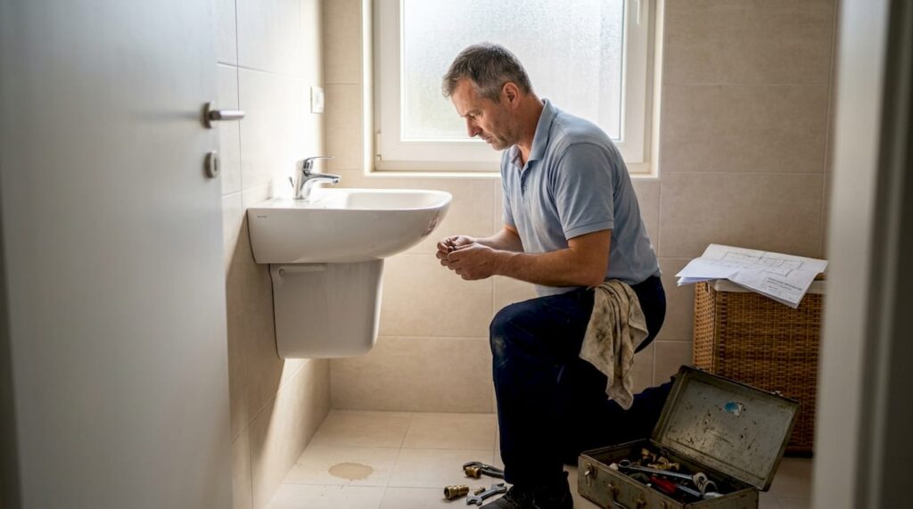 Mojster namešča umivalnik v kopalnici.