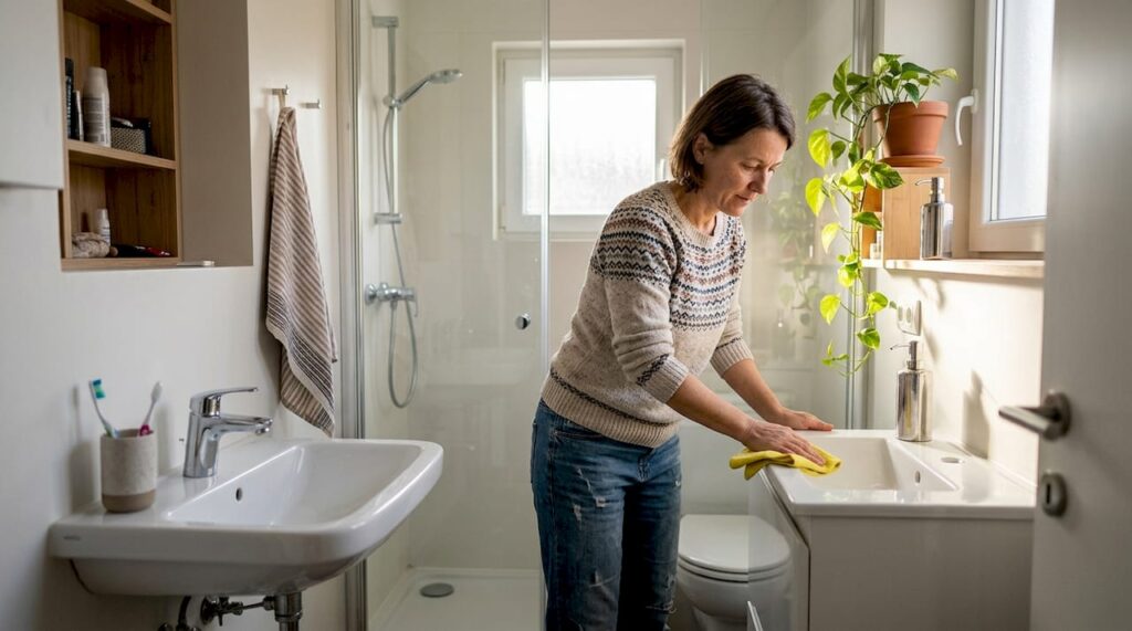 Ženska pospravlja majhno, premišljeno urejeno kopalnico.