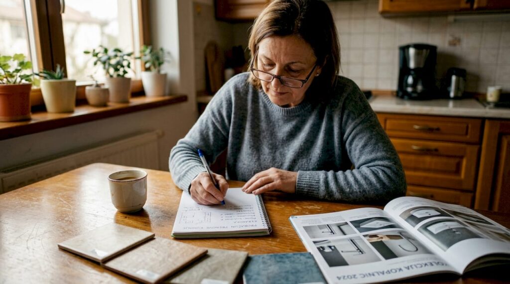 Ženska za kuhinjsko mizo pregleduje načrte za prenovo kopalnice.