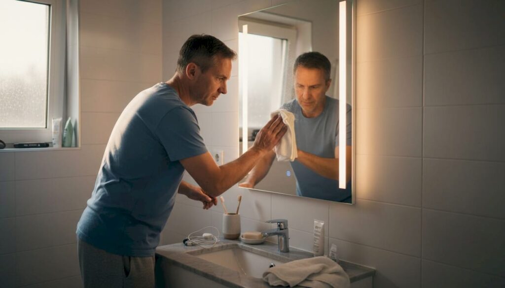 Sodoben vsakdan v kopalnici, kjer ambient ustvarja elegantno osvetljeno ogledalo.